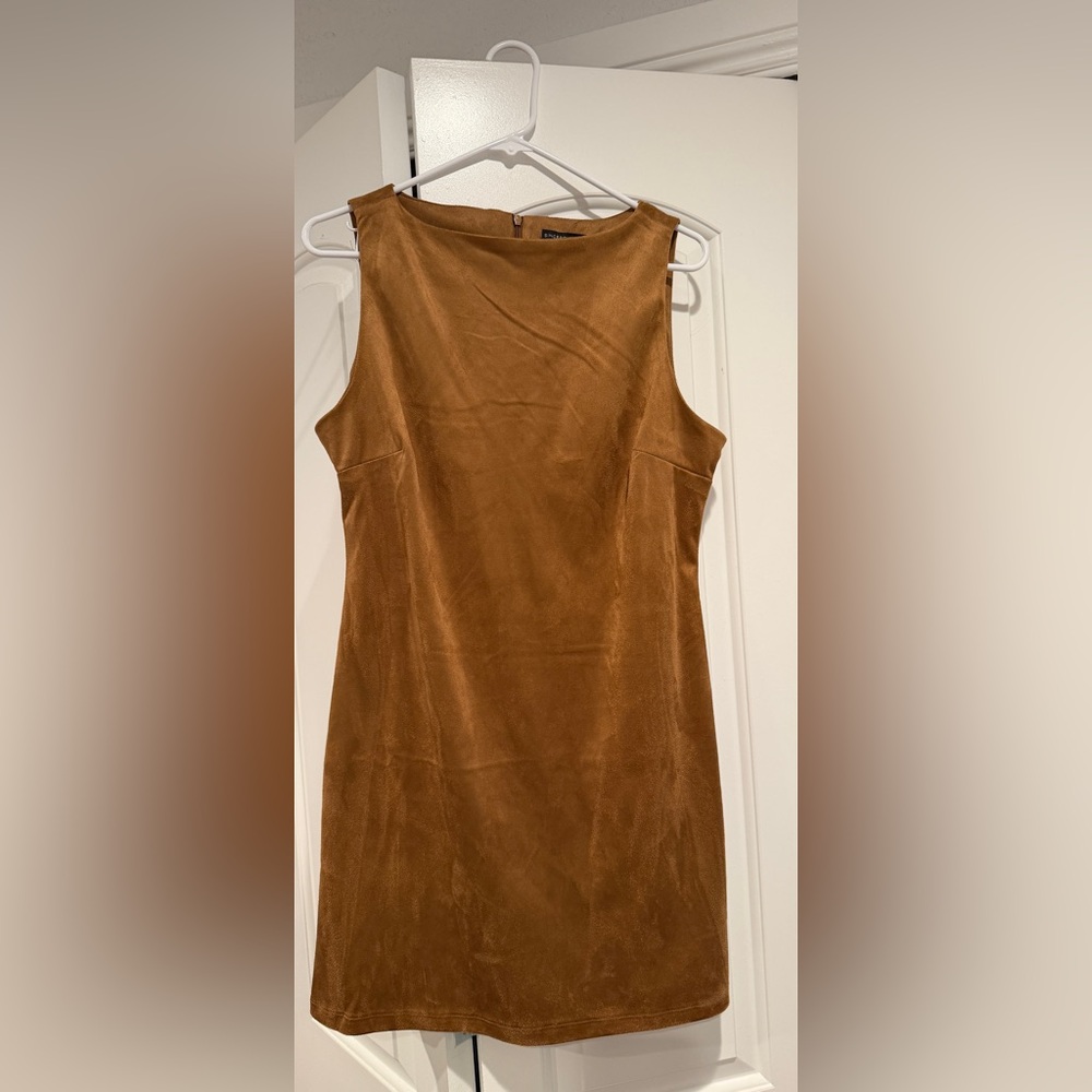 Sincerely Jules Sleeveless Suede-Look Mini Dress in Camel Brown